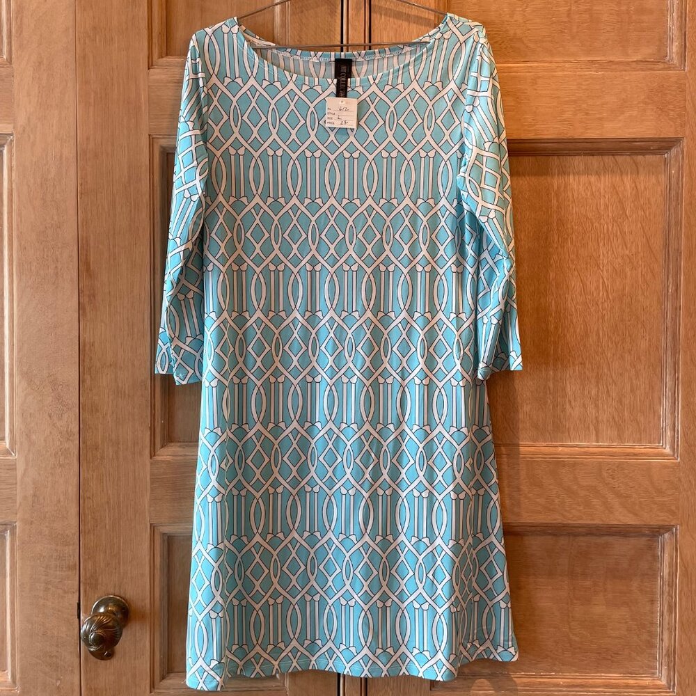 Turquoise Dress with Geometric Pattern, Size L, NWT
